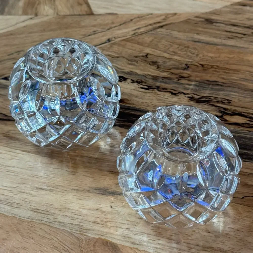 Pair VTG Illusions Samobor 24% Lead Crystal Votive Candle Holder Rose Bowl Set 2